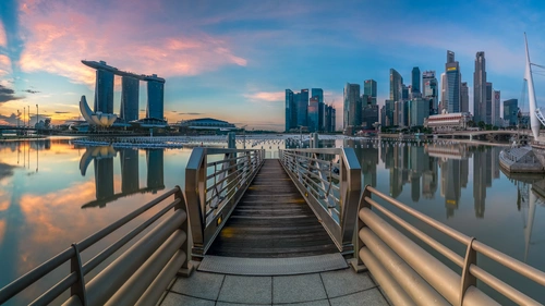 Сингапур, утро, дома, небоскребы, залив, море, голубые